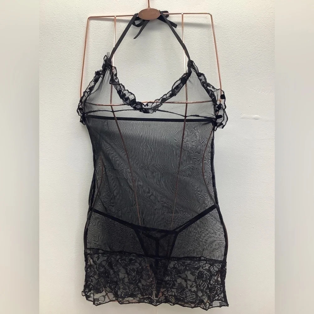 Black Size S/M Mesh With Floral Lace Trim & Matching G String. New With Tags.